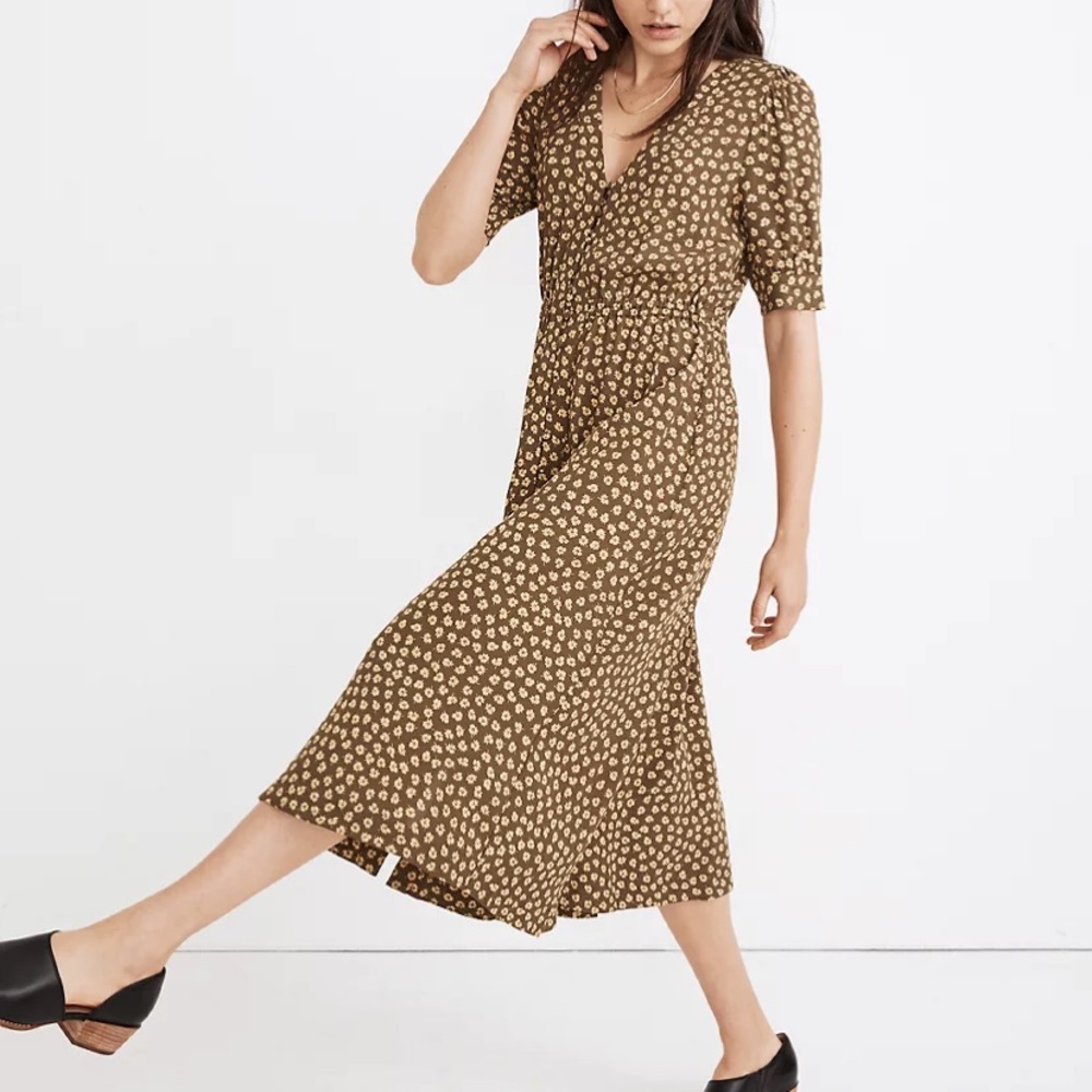 Madewell Button-cuff Midi Dress in Woodcut Flowers
